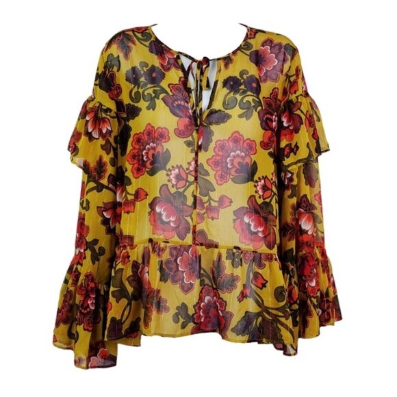 Loft Womens Bell Sleeve Yellow Red Floral Print Ruffle Chiffon Top Size M - Picture 3 of 9